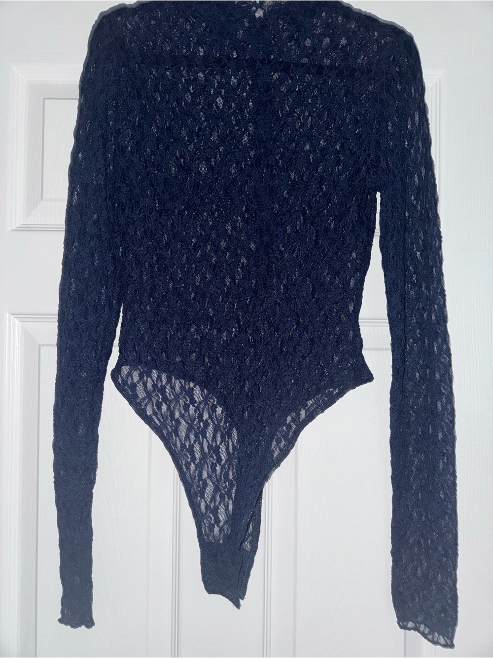 Naked Wardrobe Navy Lace Long-Sleeve Bodysuit Sweater